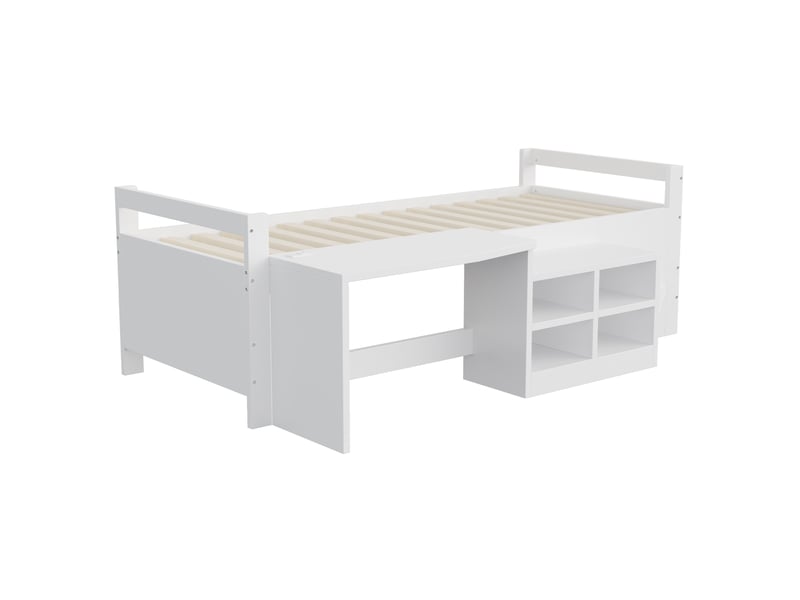 Lit simple 90x200 cm avec bureau et 4 niches, blanc, sans matelas - Conforama R