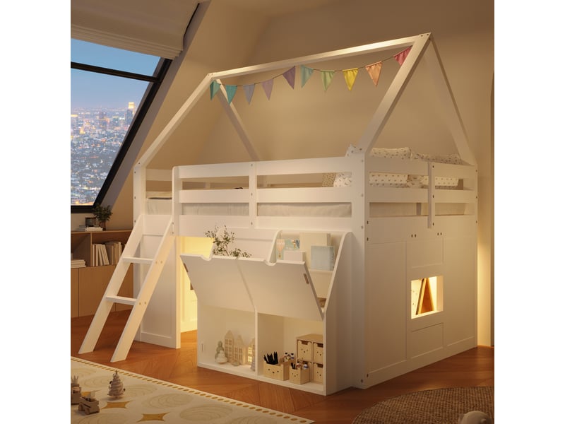 Lit mezzanine 180x200 cm, structure en bois, coloris blanc, rangements intégrés, éclairage led, escalier sécurisé, garde-corps, design cabane - Conforama B