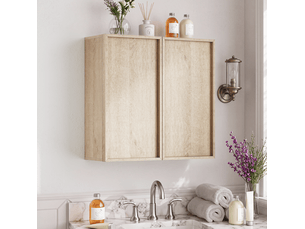Armoire de salle de bain murale 2 portes sans poignées, rangement fermé, décor chêne pour salle de bain 60 × 21,6 × 58 cm