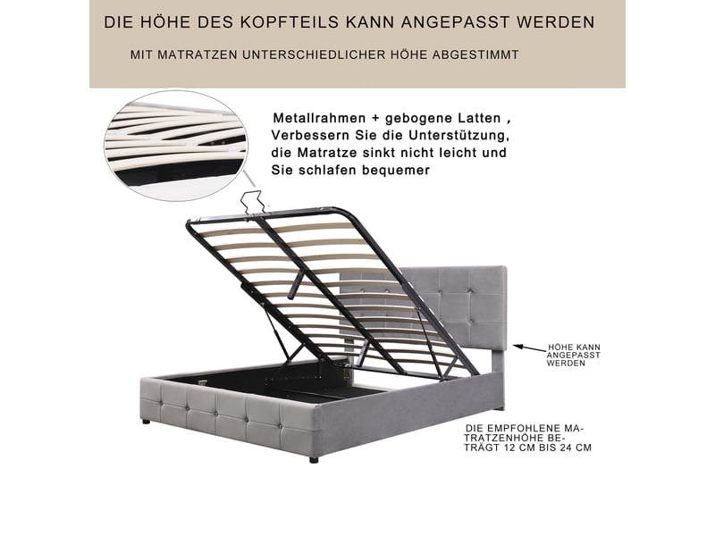  Lit coffre 140x200 cm velours gris, tête réglable et rangement | conforama  - Conforama D