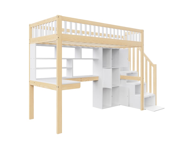 Lit mezzanine 90x200 avec bureau et escalier de rangement, cadre de lit enfant avec éclairage led intégré, blanc et nature - Conforama W