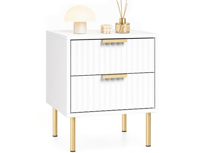  Table de chevet, table de nuit cannelée avec 2 tiroirs et pieds en acier, pour chambre à coucher, salon, blanc  - Conforama A