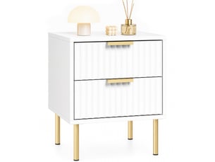 Table de chevet, table de nuit cannelée avec 2 tiroirs et pieds en acier, pour chambre à coucher, salon, blanc