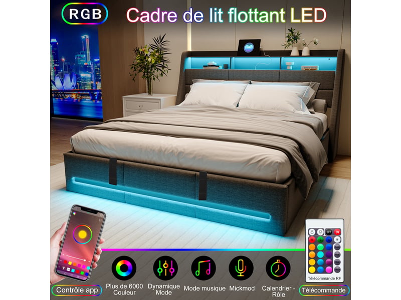  Lit coffre 160x200 cm, lit double avec espace de rangement et sommier à lattes, tête de lit led avec compartiment de rangement et usb, sans matelas  - Conforama D