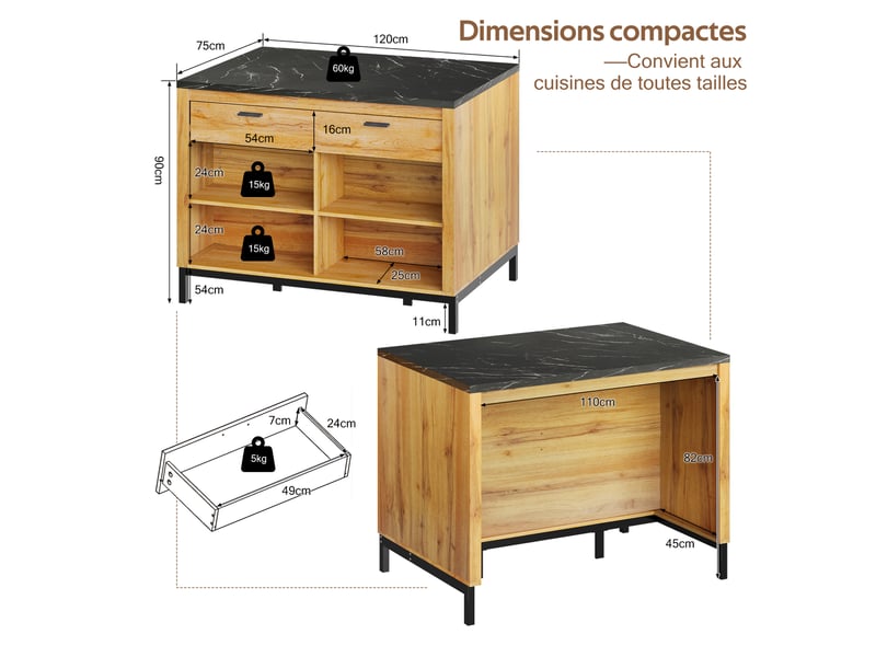  Îlot de cuisine 120x75x90 cm, desserte avec 2 tiroirs et 4 étagères ouvertes, effet marbre et bois, mdf, noir et naturel  - Conforama C