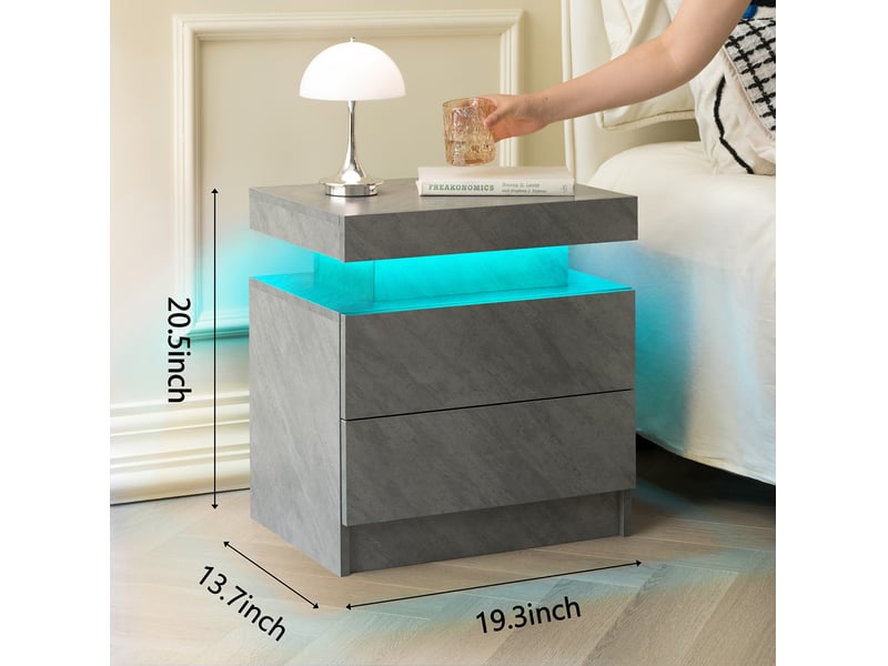  Table de chevet modenvie avec éclairage led, 2 tiroirs, niche ouverte, bois d’ingénierie, gris foncé, 50 x 53 x 36 cm  - Conforama C