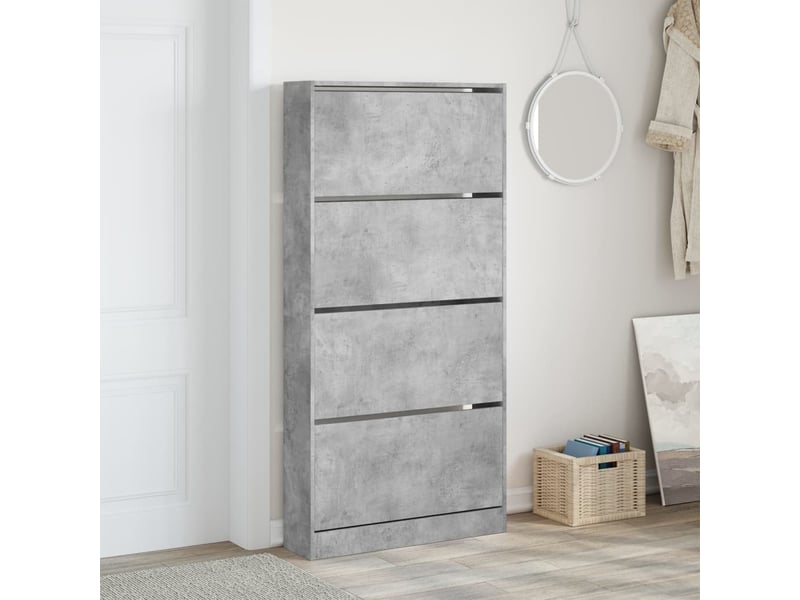  Meuble à chaussure | armoire à chaussures 4 tiroirs rabattables gris béton  - Conforama C