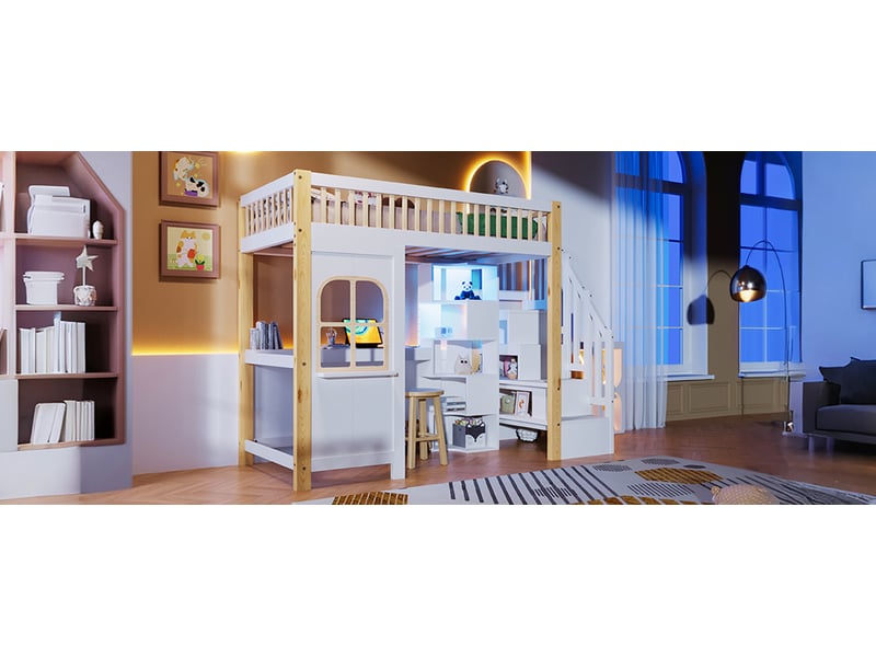  Lit mezzanine enfant 90 x 200 cm blanc et naturel avec bureau, rangements et led  - Conforama B