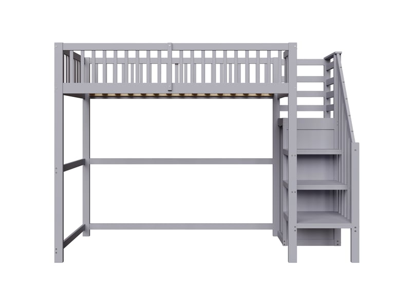 Lit mezzanine 90x200 avec escalier et armoire, lit enfant en bois massif gris, gain de place avec sommier à lattes, 255x95x177.5cm - Conforama A