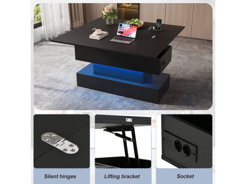 Table basse relevable,100x50x51,5 cm,avec rangement, led et prises,noire - Conforama E