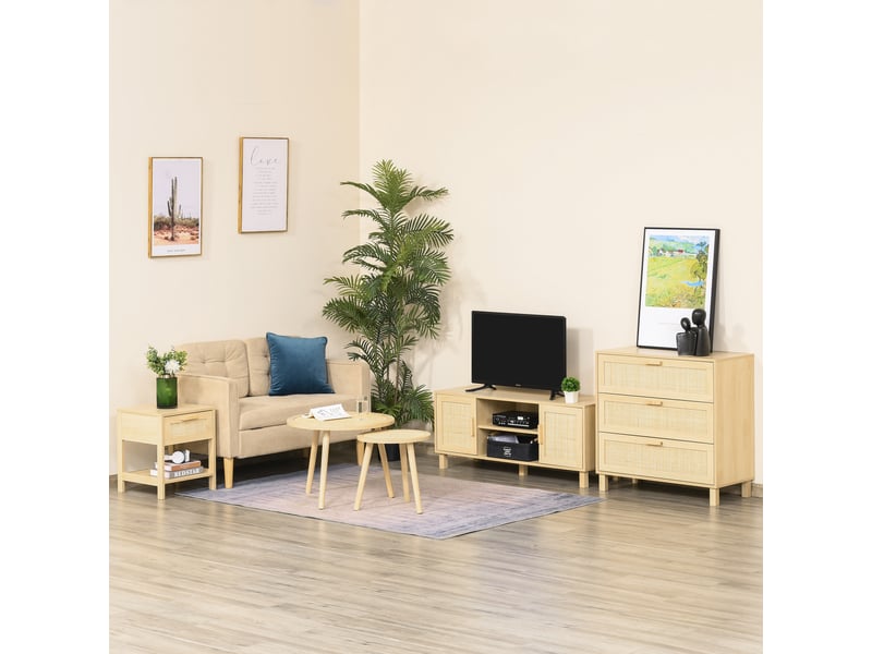  Meuble tv banc tv 2 niches 2 placards porte cannage en rotin dim. 115l x 40l x 48h cm mdf aspect bois clair  - Conforama C