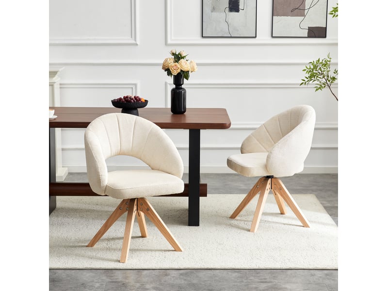  Lot de 2 chaises de salle à manger 41x41x84 cm rotatives 360°, fauteuil style rétro, assise confort, bois+tissu, blanc  - Conforama D