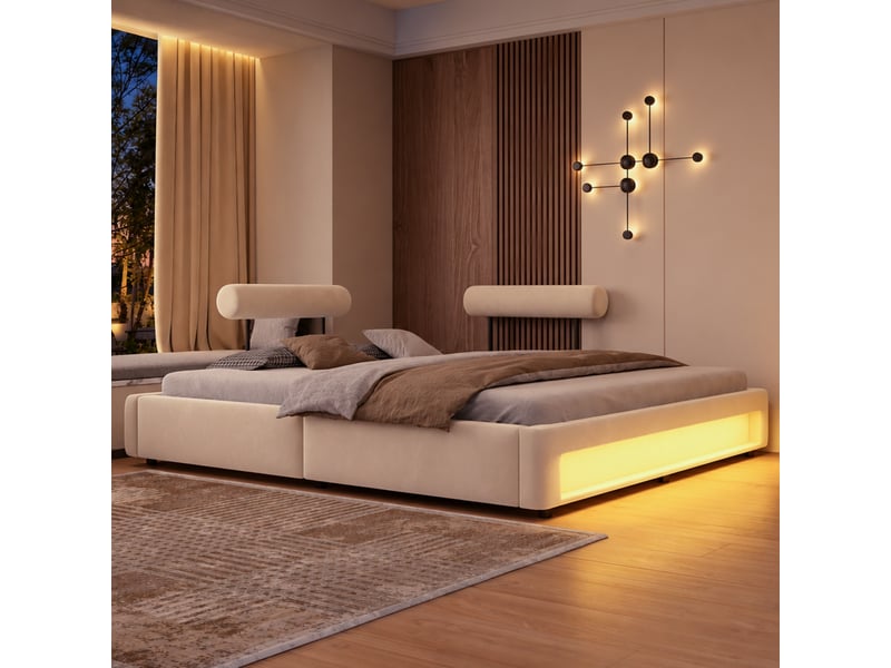 Lit 2 places 180x200 cm avec dossiers réglables, led, lit plateforme en velours, coins arrondis, design moderne beige - Conforama E