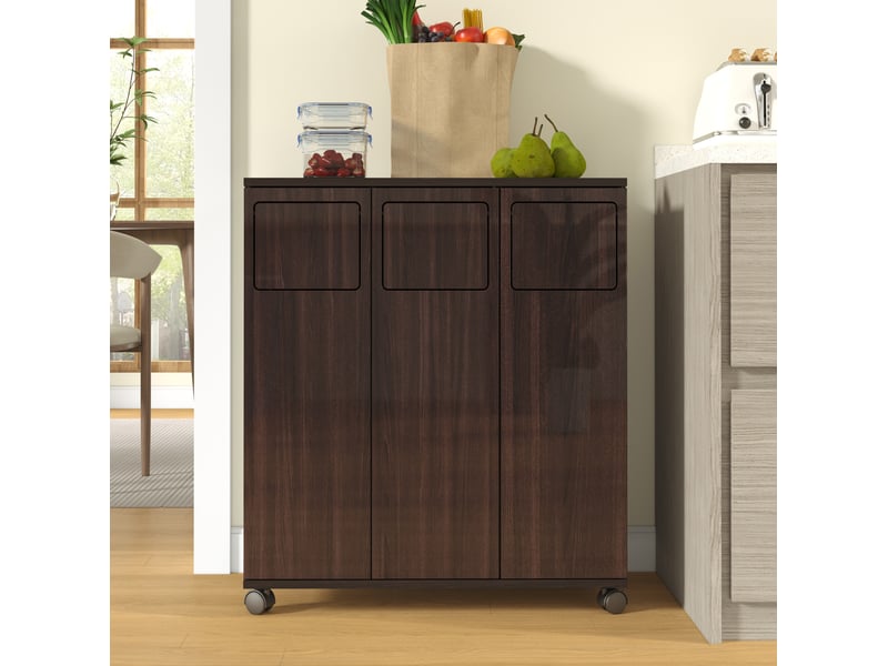 Meuble de tri des déchets 3 portes à roulettes 69,3x35x80 cm mdf noyer brillant - Conforama W