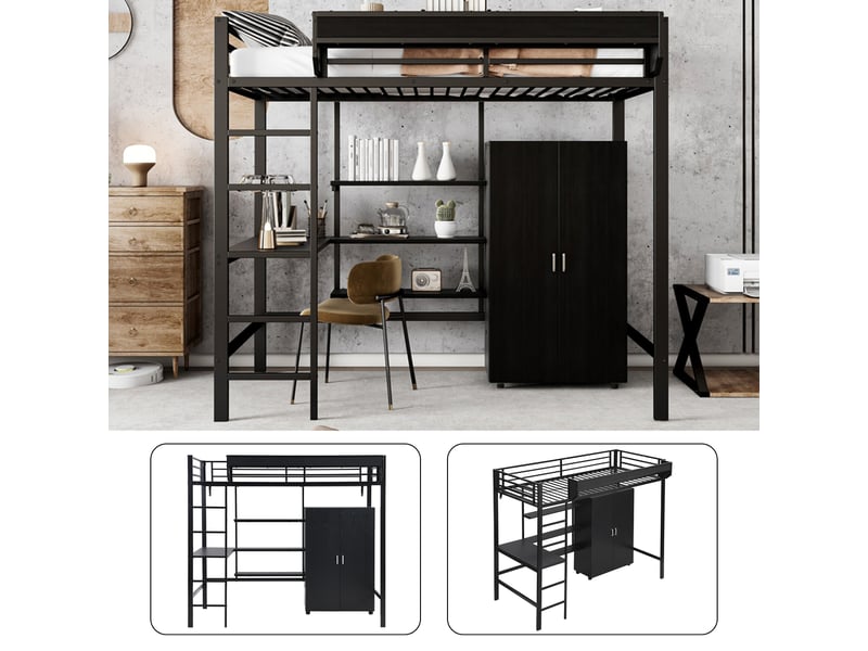  Lit mezzanine enfant 200×90 cm avec bureau, armoire à deux portes et rangements, sans matelas, noir  - Conforama E
