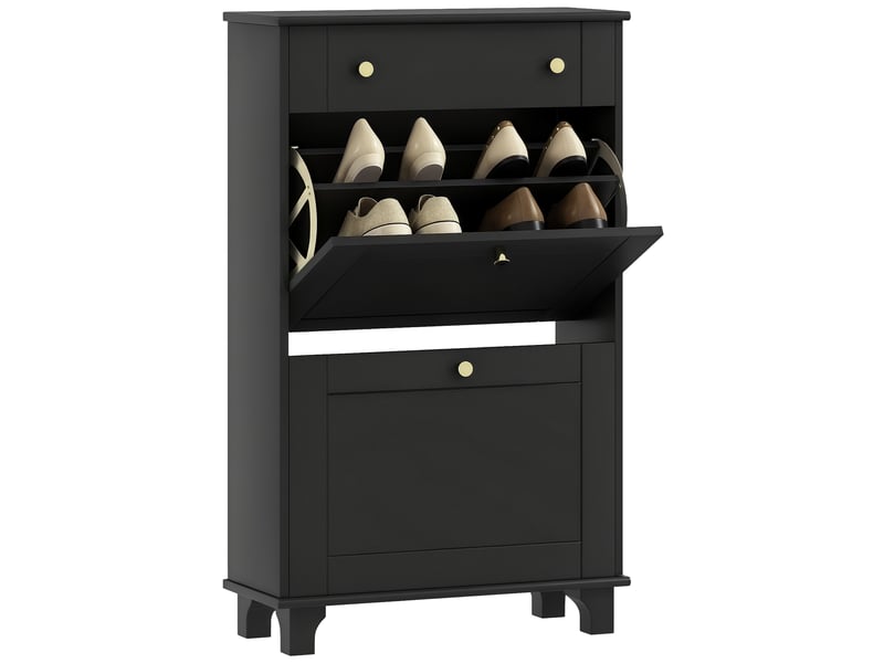  Meuble chaussure entrée étroit avec tiroirs à portes abattants et étagère réglable, 60 x 23,5 x 98,5 cm, noir  - Conforama A