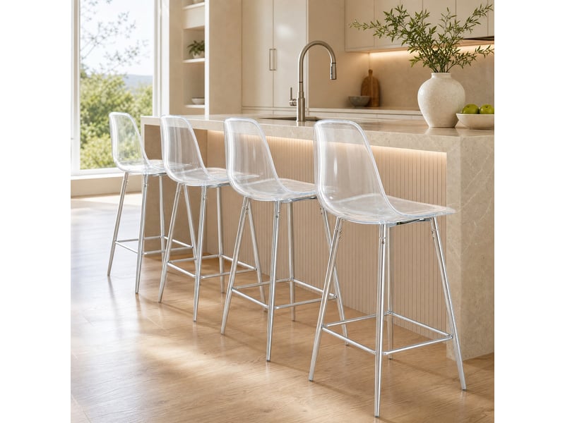 Tabouret de bar transparent avec repose-pieds, structure métallique et style moderne, en plastique argent - Conforama B