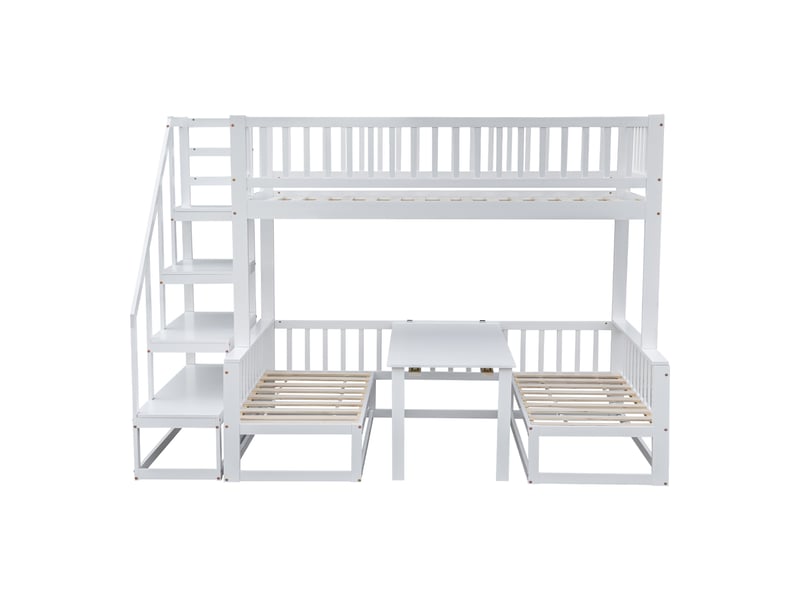 Lit superposé enfant,90x200 cm et 120x200 cm,avec escalier et table modulable,blanc - Conforama D
