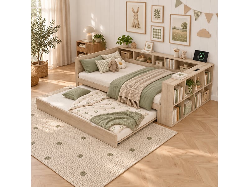 Lit gigogne enfant 120x200 + 90x190 cm, 2 couchages, rangements tout autour, station de charge, structure réversible, bois, naturel Bliss Lite - Conforama D