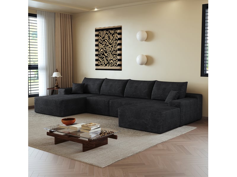  Canapé panoramique modulable compressé 5 places en velours côtelé noir  - Conforama B