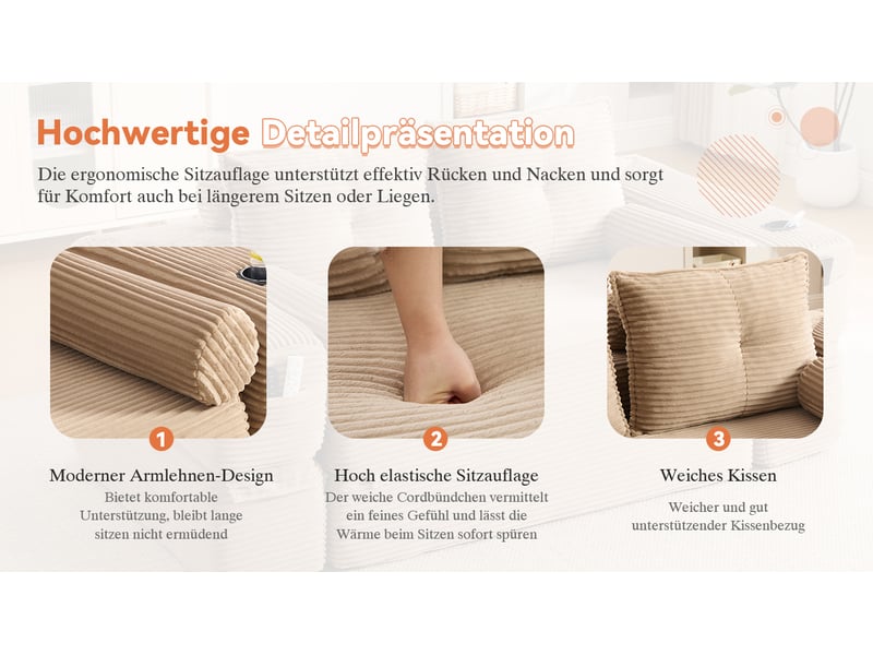  Canapé convertible 3 places en velours côtelé kaki avec porte-gobelet et poches latérales pratiques  - Conforama R