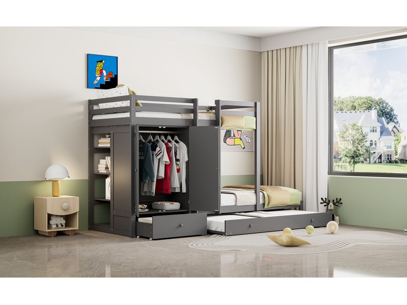  Lit superposé en bois massif 90x200 cm avec lit gigogne, lit enfant avec armoire, tiroirs et compartiment de rangement, gris  - Conforama R