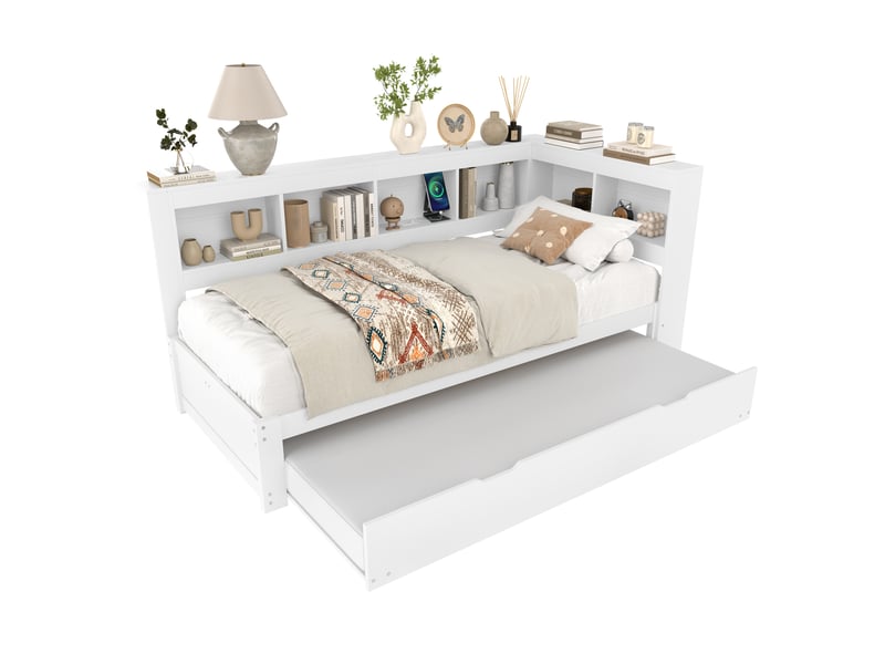  Lit banquette 90x200 avec lit gigogne extensible, ports usb et rangements, structure en bois, blanc  - Conforama A