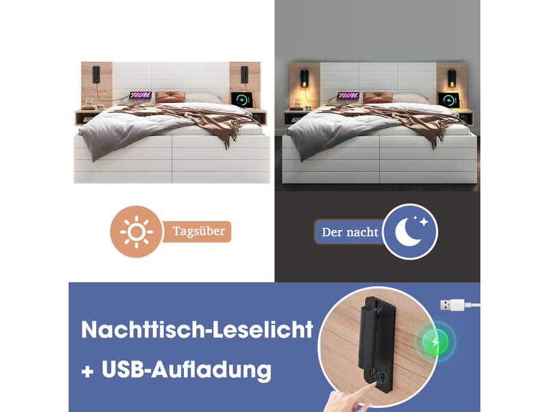 Cadre de lit, lit double 140x200 cm, 2 tiroirs, chevets intégrés, usb, matelas inclus, bois massif chêne blanc et clair - Conforama D