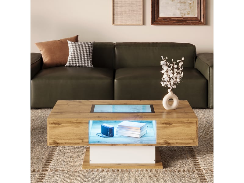  Table basse 110,2x60x39,7 cm avec led et verre, 2 tiroirs et niche centrale, panneaux de particules, décor chêne et blanc ABC - Conforama E