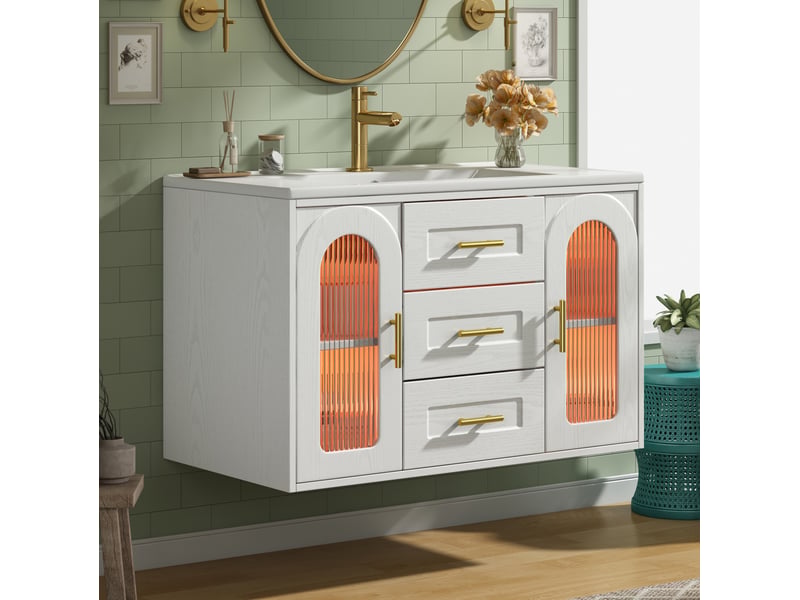 Meuble sous vasque mural 76x46x55 cm blanc effet bois avec vasque et led - Conforama E