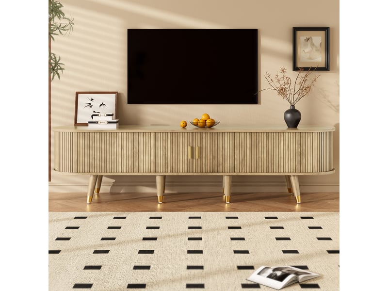 Meuble tv bas avec porte coulissante 175x38x45cm | style naturel effet chêne et pieds dorés | tiroirs et niches charge 60kg - chêne clair  - Conforama B