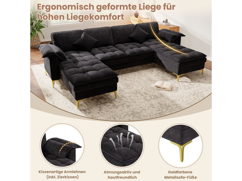 Canapé d'angle, canapé modulable, 4 places, en chenille, noir, pieds en métal, pour salon, adapté à l'espace de vie, chambre  - Conforama W
