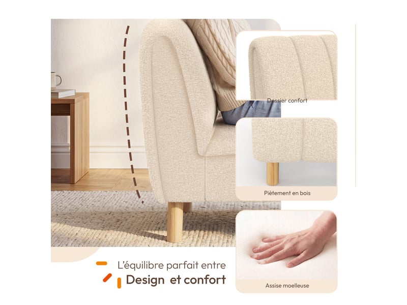  Fauteuil hector tissu bouclette beige et pieds arrondis effet bois  - Conforama C