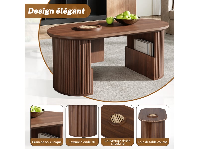  Table basse ovale 105x50x46,5 cm, style vintage, texture verticale, niches ouvertes, structure mdf pour salon et séjour - noyer  - Conforama E