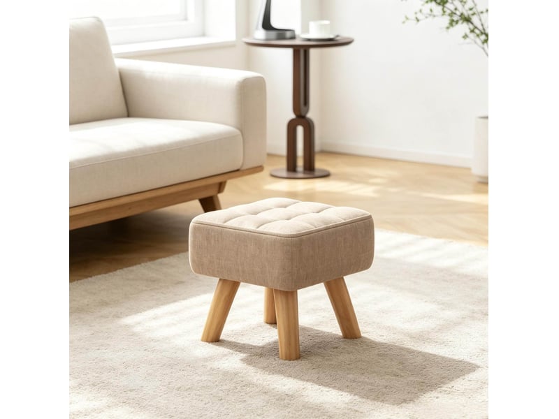  Repose-pieds carré rembourré beige avec tissu aspect lin, pieds antidérapants  - Conforama E