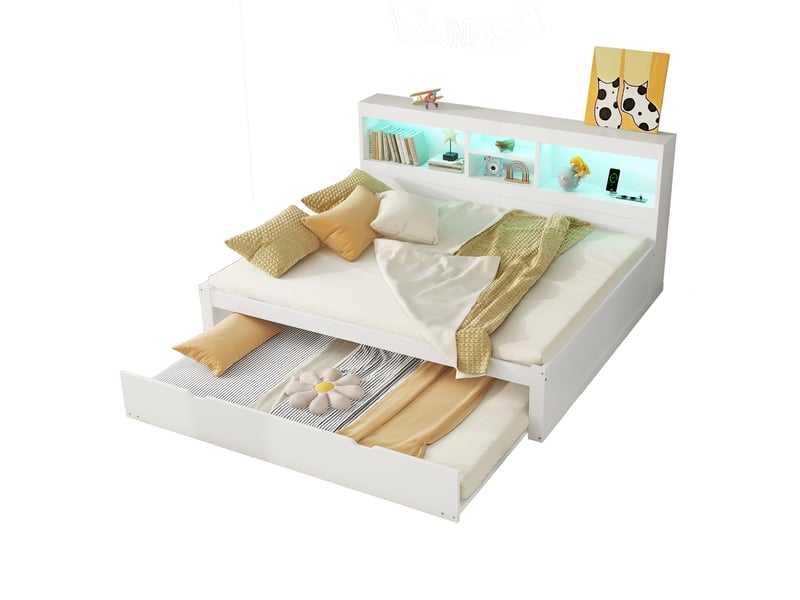  Canapé-lit 140x200 blanc avec lit gigogne extensible, éclairage led, prise usb et rangement  - Conforama A