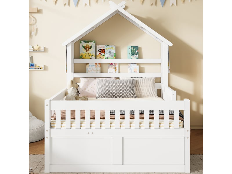  Lit enfant maison en bois 140x200 cm avec lit gigogne 3 tiroirs barrières de sécurité sommier à lattes pin mdf blanc ABC - Conforama D