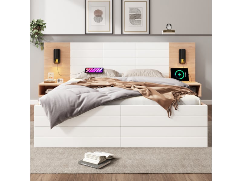 Lit double 160x200 cm bicolore - set avec matelas, 2 chevets, 2 tiroirs, sommier, liseuses led et ports usb intégrés - Conforama R
