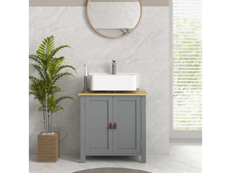  Meuble sous lavabo 2 portes étagère réglable 2 étages à l'intérieure poignées en pu 60 x 30 x 60 cm gris  - Conforama D