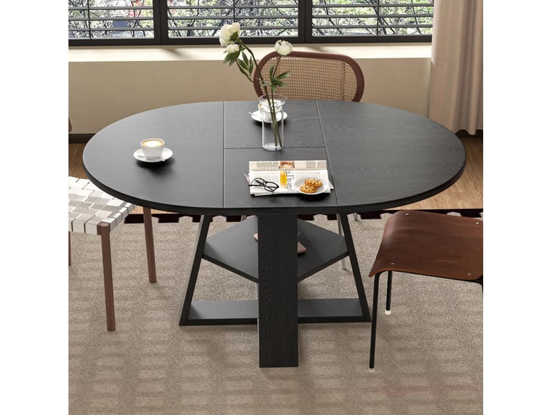  Table de salle à manger extensible 4 à 6 personnes avec étagère de rangement en mdf noir veinage bois 150 × 110 cm  - Conforama D