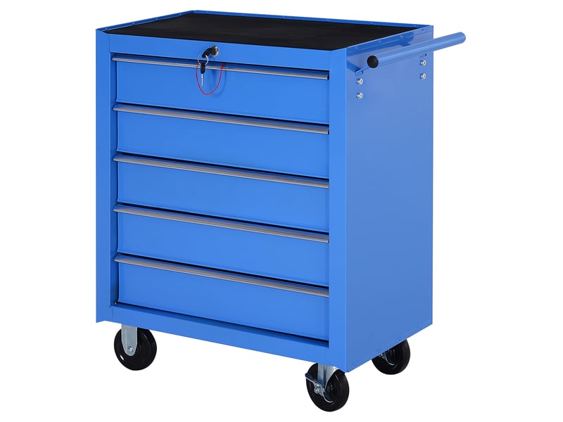  Servante d'atelier 67,5 x 33 x 77 cm bleue en acier, 5 tiroirs verrouillables sur roulettes avec frein  - Conforama A