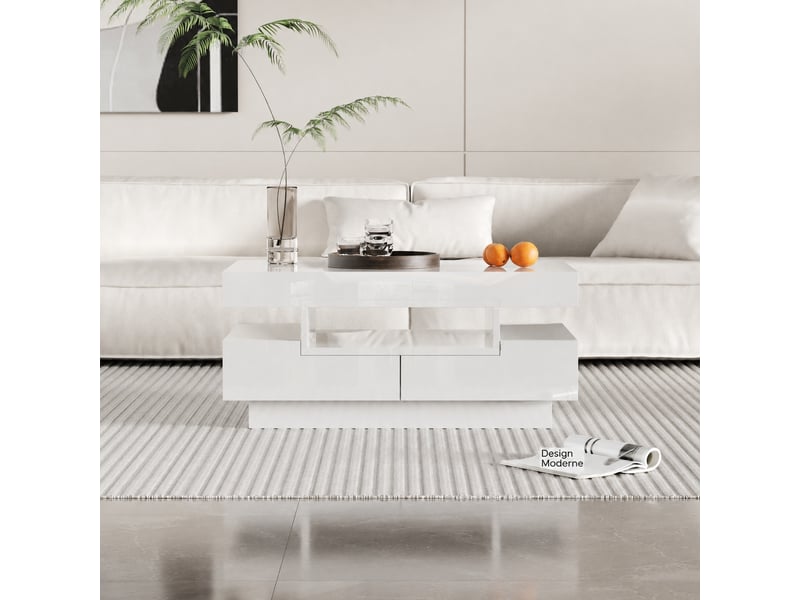  Table basse blanche brillante avec rangement et éclairage led réglable, 80 x 50 x 36 cm  - Conforama B