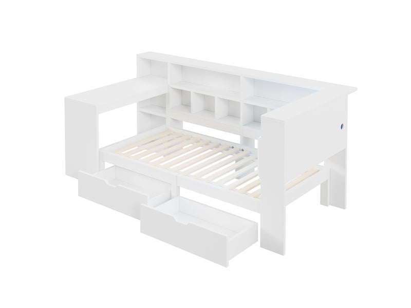  Lit enfant 90x200cm bureau intégré tiroirs tête capitonnée led mdf contreplaqué, tissu lin blanc sans matelas  - Conforama E