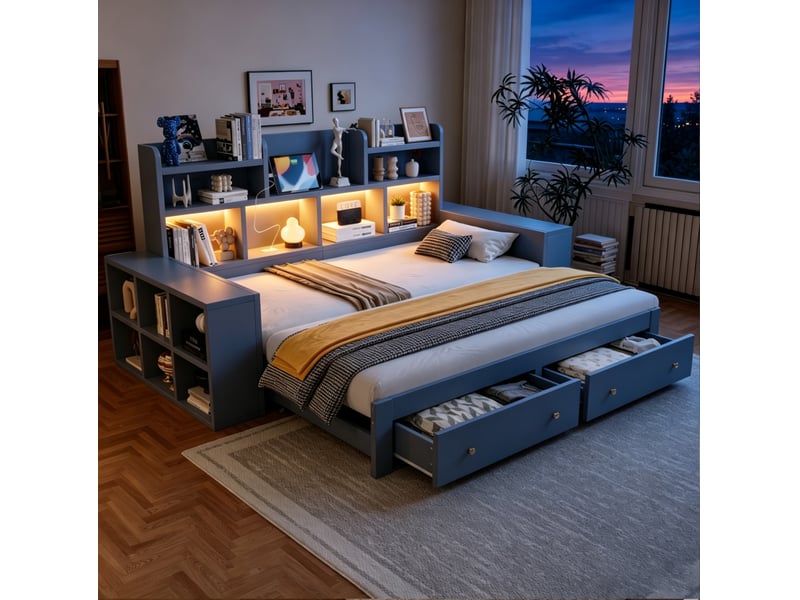  Lit banquette extensible 90x200180x200 cm avec rangements, tiroirs, led et prise gris  - Conforama E
