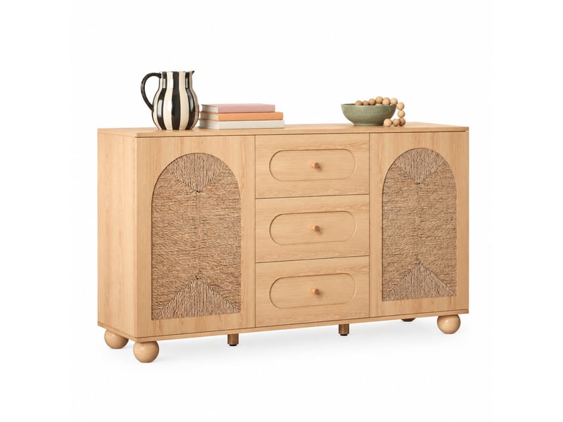 Buffet 2 portes tressées et 3 tiroirs, 140 x 40 x 80 cm, mdf, naturel - Conforama A