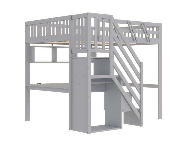  Lit mezzanine enfant 140x200 cm – gris – bureau, rangements et éclairage led intégré – sans matelas  - Conforama C