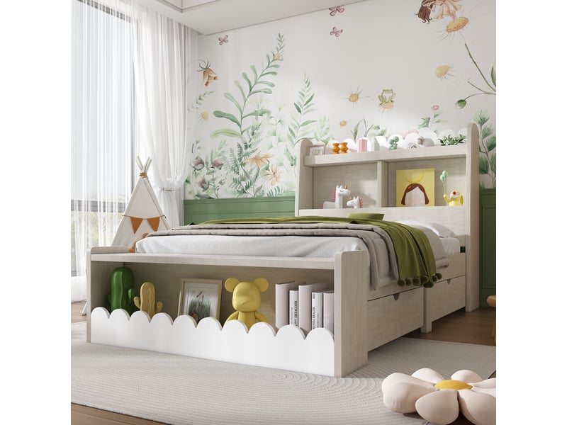 Lit enfant 90 x 190 cm avec 2 tiroirs, bois massif + mdf, blanc et effet chêne  - Conforama R