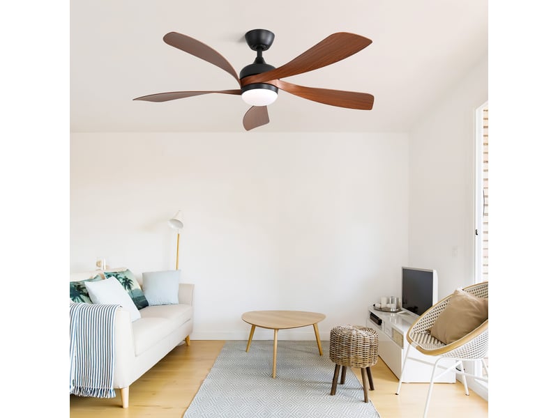  Ventilateur plafond 131 cm led tricolore dimmable, 5 pales abs, moteur dc réversible avec télécommande, design moderne, intérieur maison, noir Bubbly - Conforama C