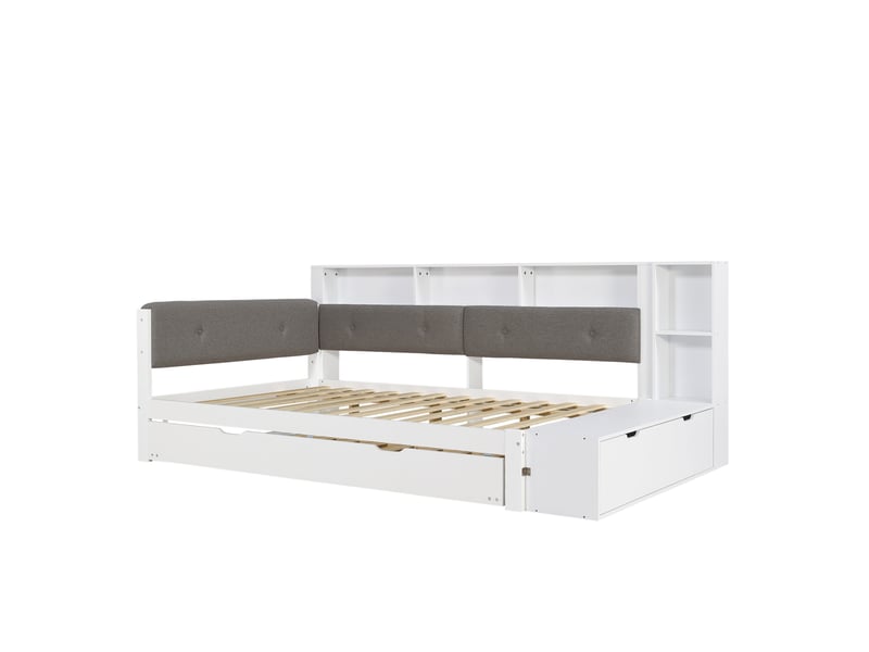  Lit fonctionnel 120x200 cm blanc et gris en bois, lit gigogne 90x190 cm avec rangement et station de charge  - Conforama D