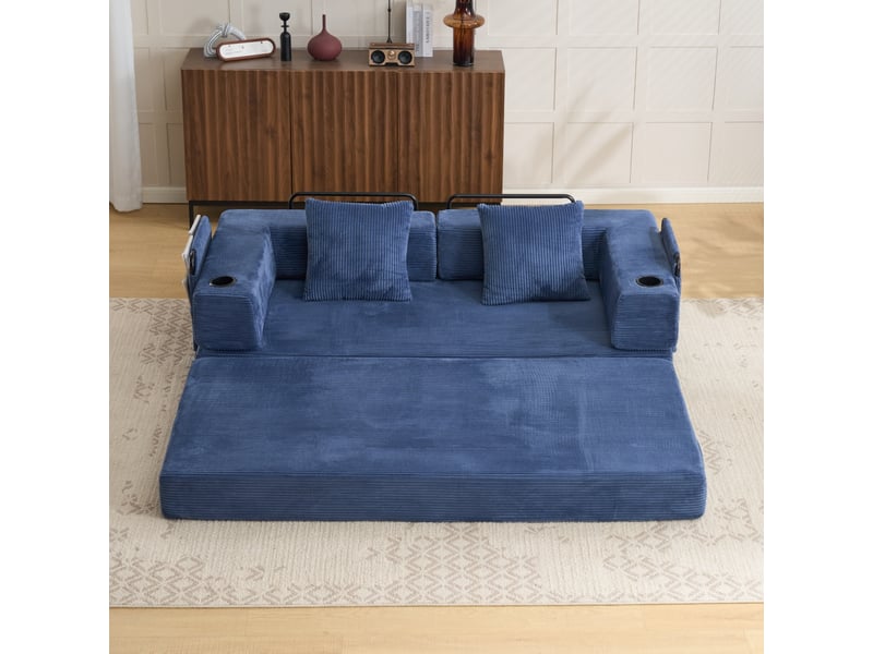 Canapé convertible pliable avec dossier rabattable, poches latérales et porte-gobelets, en velours côtelé bleu foncé - Conforama B